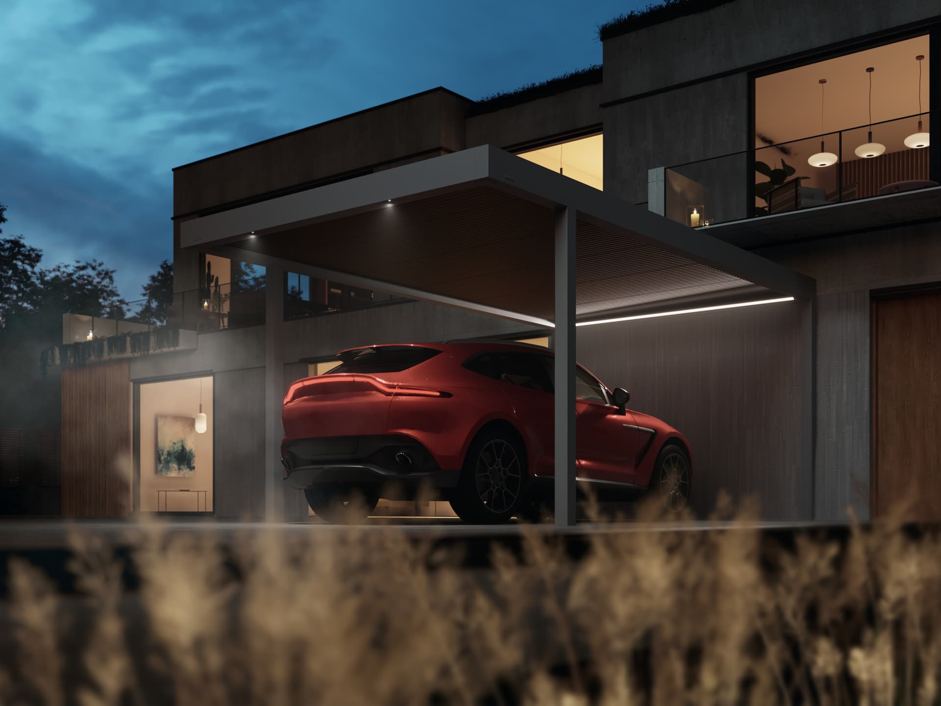 Casa moderna minimalista con carport in alluminio a tetto piano, che offre un parcheggio coperto per un’auto sportiva rossa.