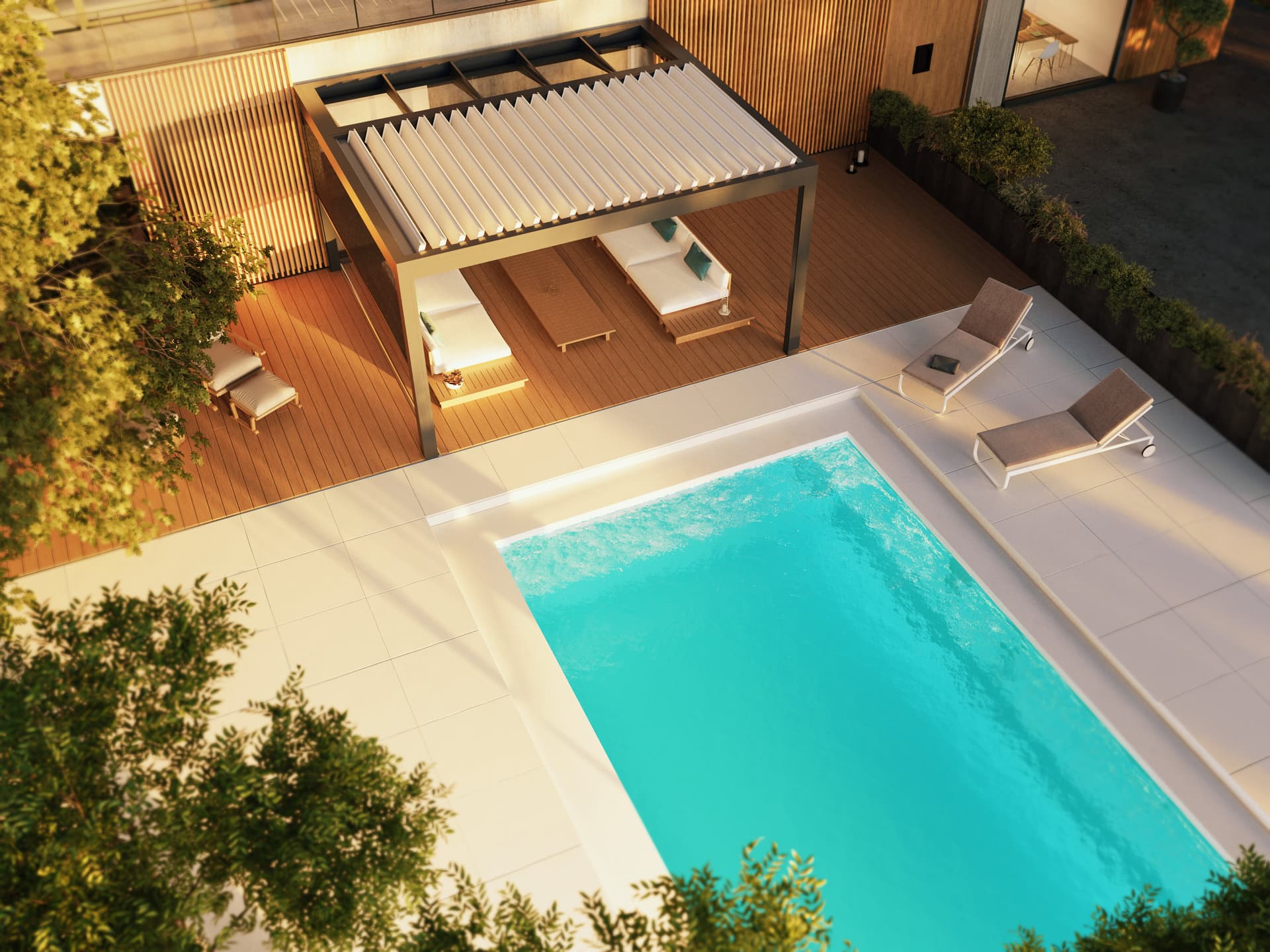 Draufsicht auf die Aluminium‑Pergola B720 mit festem Glaselement und verstellbaren XL‑Lamellen über Liegen an einer luxuriösen Poolterrasse