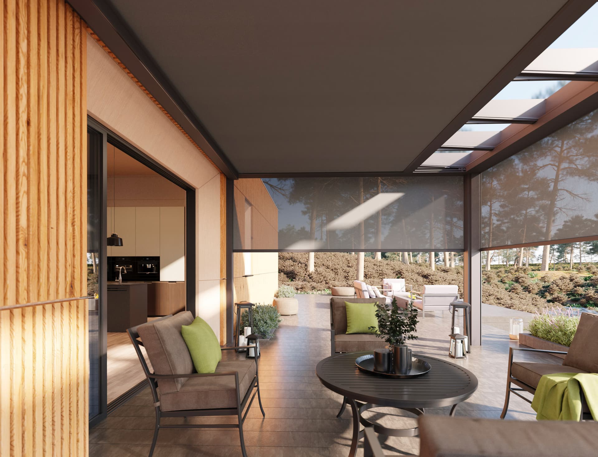 Moderne overdekte terrasruimte met pergoladak en geïntegreerde verticale screens, die een beschutte buitenlounge met eetmeubilair creëert.