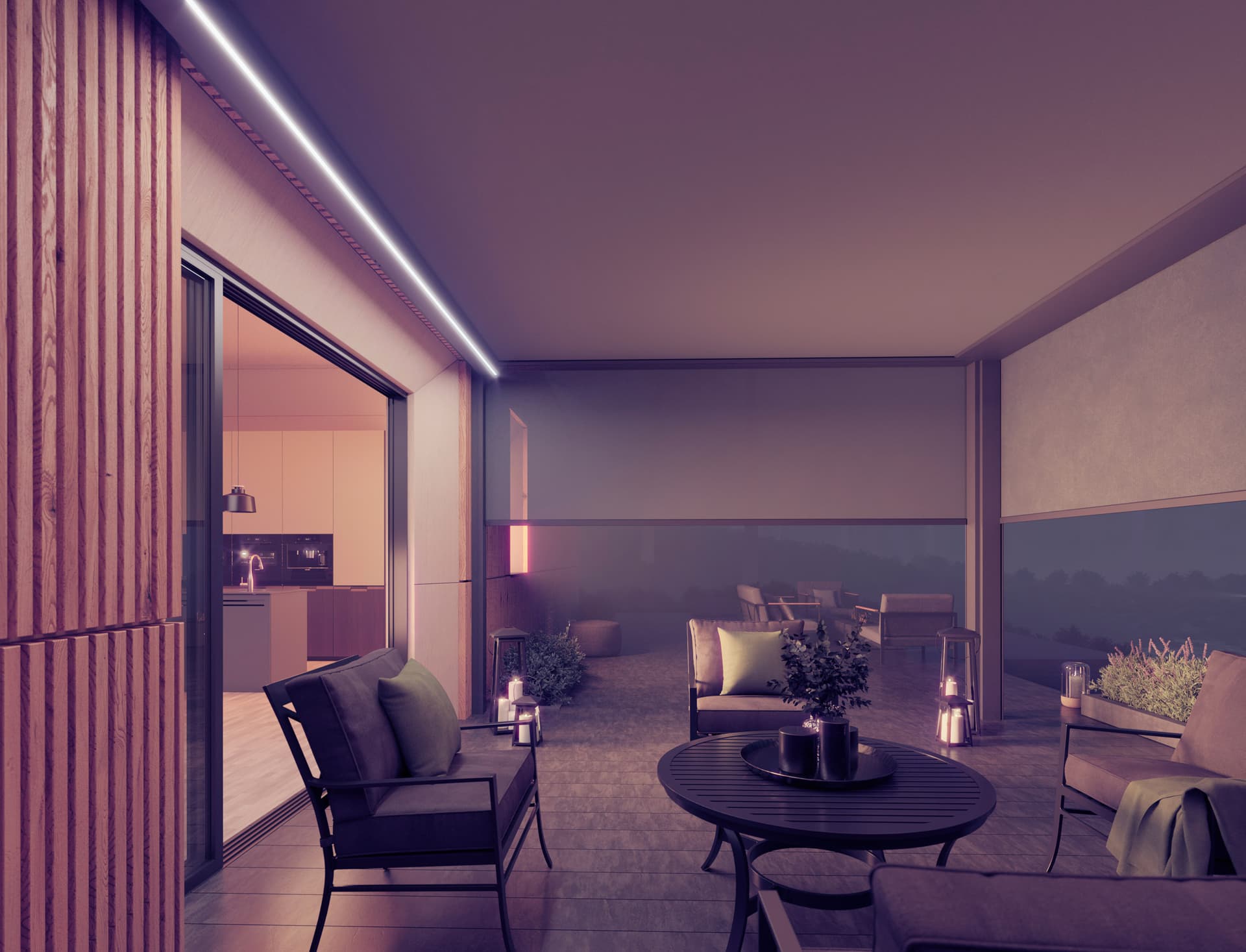 Brustor B129 under‑glass awning with integrated LED lighting creating a cozy shaded veranda space in an evening setting