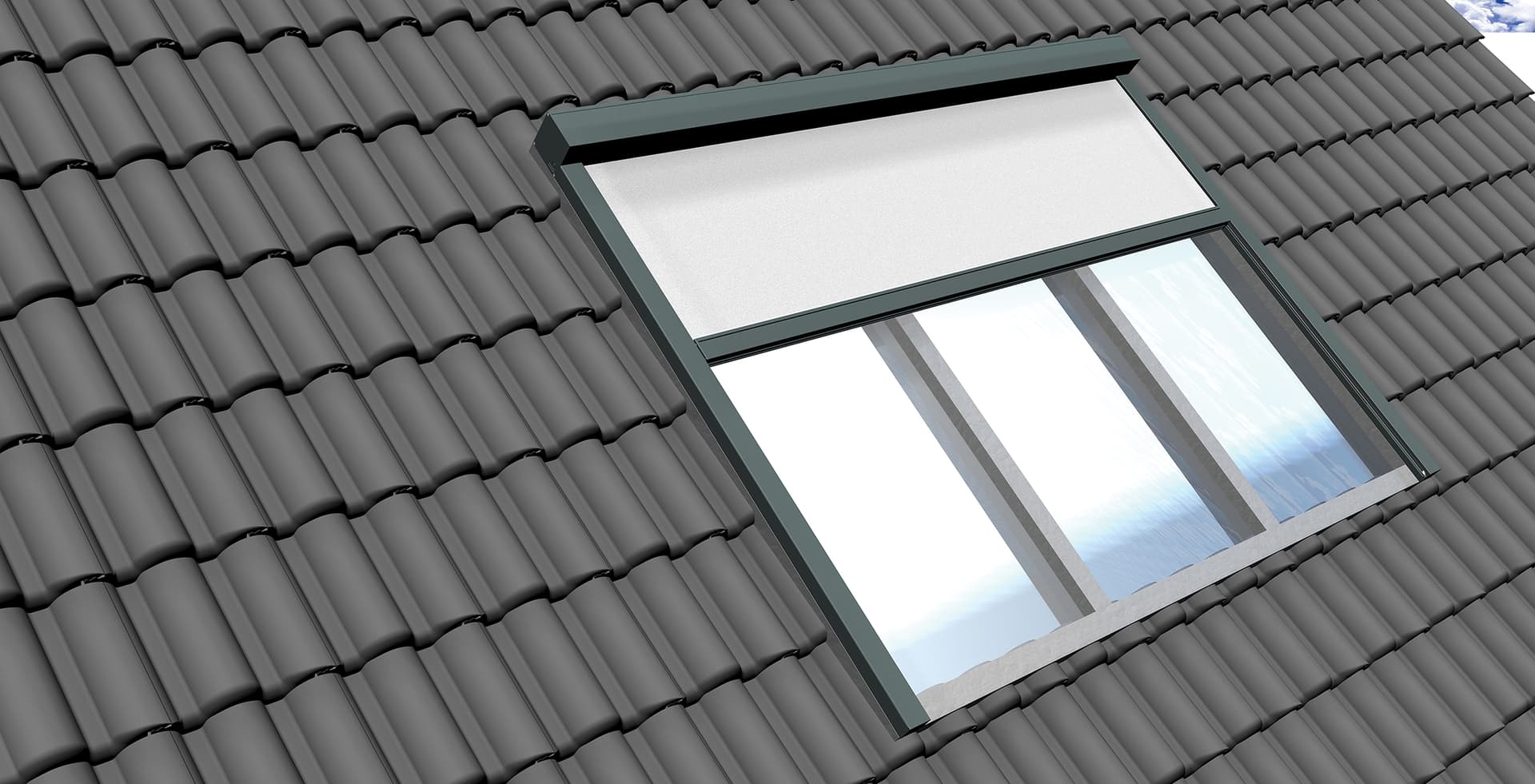 Brustor Topscreen awning mounted above a sloped glass roof window on a tiled roof providing exterior sun protection
