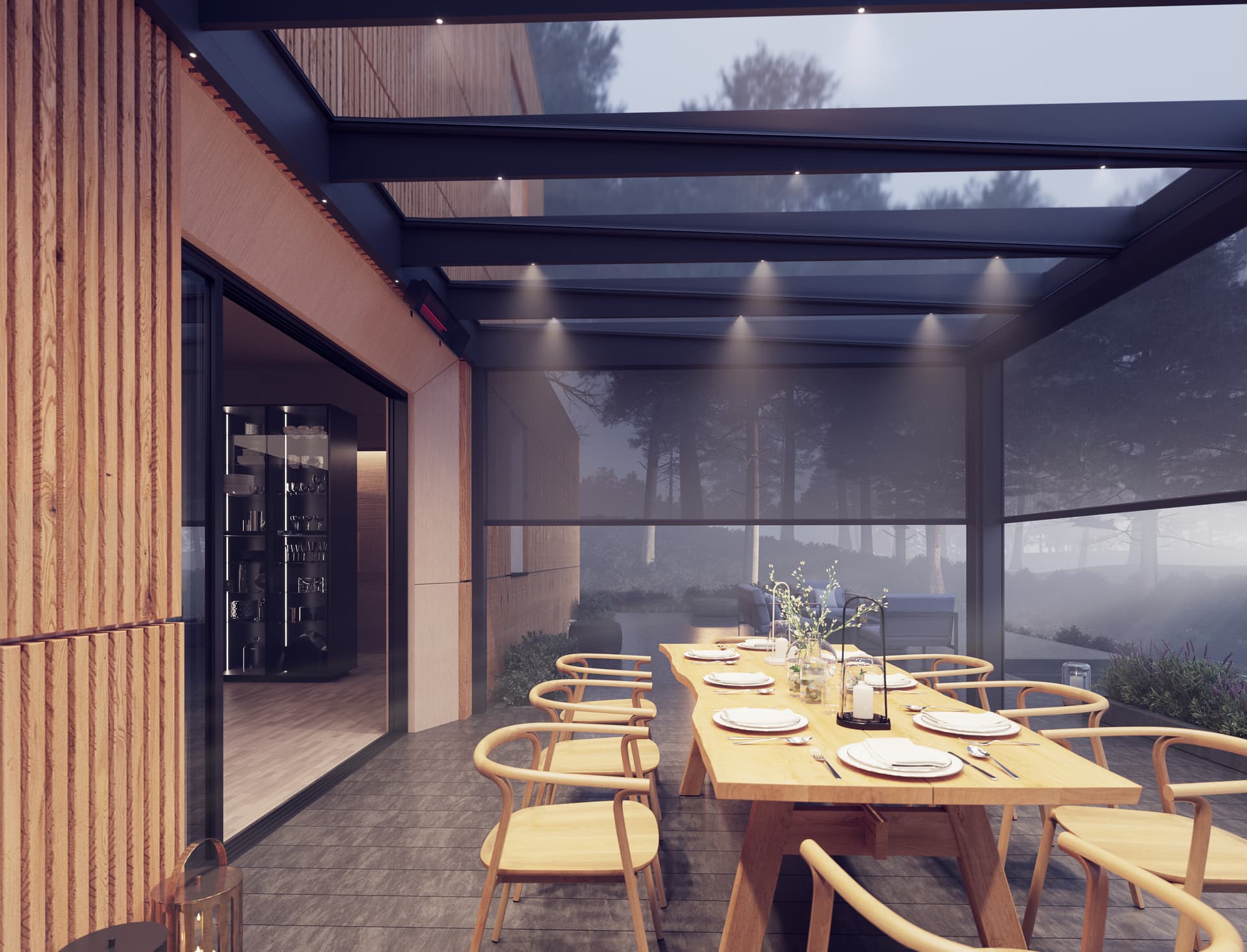 Une pergola moderne à lames orientables au bord d’une piscine
