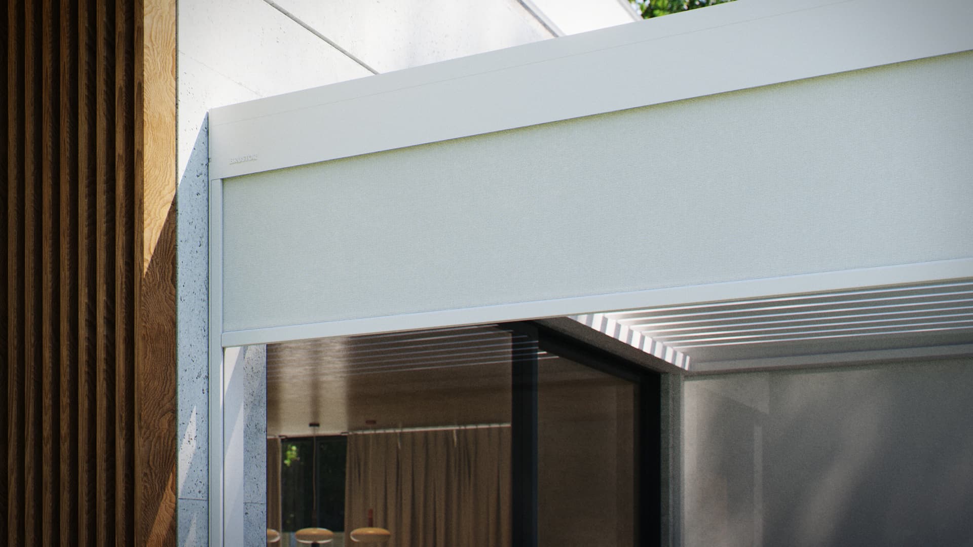 Pergola Brustor con lamelle orientabili, illuminazione LED integrata, screen ZIP e riscaldatori da terrazza che creano una zona pranzo esterna protetta