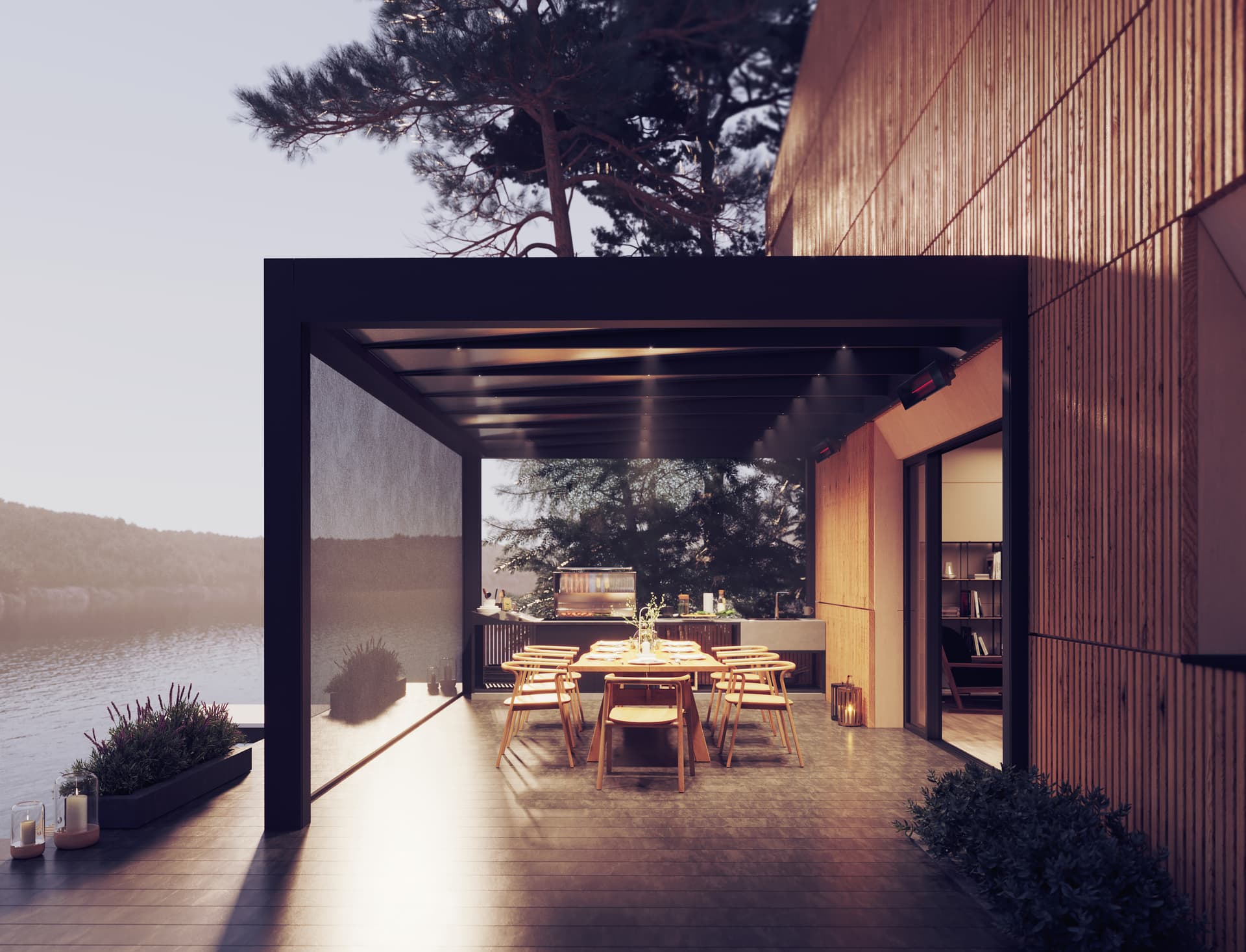 Pergola B800 en aluminium avec toit en verre et éclairage intégré au‑dessus d’un espace repas extérieur chaleureux au bord de l’eau
