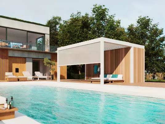 B720 Terrasoverkapping glas- en lamellendak als poolhouse